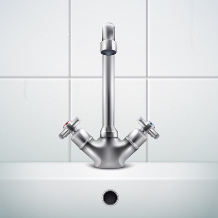 Metal faucet realistic composition with images of bathing room wall covered with white tiles and sink vector illustrationのイラスト素材