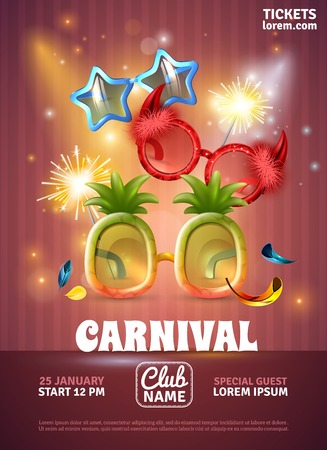 Christmas party celebration carnival  special club invitation realistic poster  with bengal lights and funny glasses vector illustrationのイラスト素材