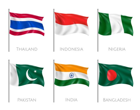 National flags set with Thailand and Indonesia flags realistic isolated vector illustrationのイラスト素材