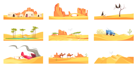 Desert set of nine isolated landscape compositions with flat images of trees canyons and living houses vector illustrationのイラスト素材
