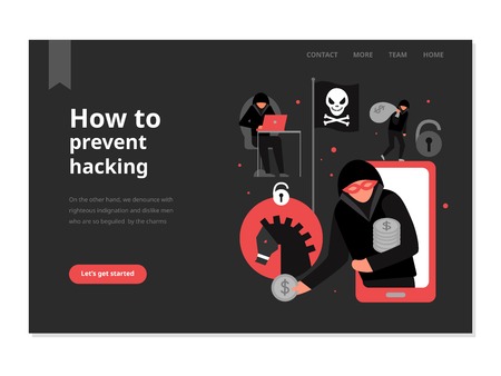 Protection from hacker attacks web page with menu on black background flat vector illustrationのイラスト素材