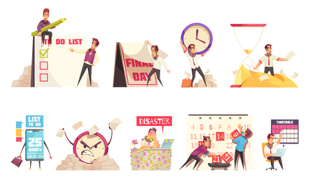 Set of isolated cartoon compositions on theme of time management planning schedule timetable and deadline vector illustrationのイラスト素材