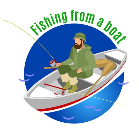 Fisher in protective clothing during fishing from boat on blue round background isometric vector illustrationのイラスト素材