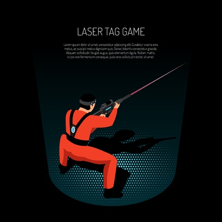 Laser tag game isometric advertising poster with player firing target with infrared beam black background vector illustrationのイラスト素材