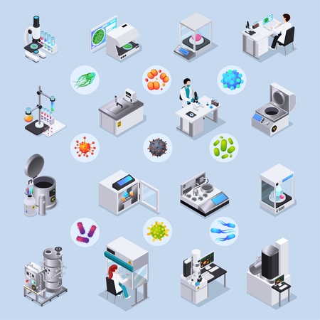 Microbiology isometric set of laboratory equipment for realization of scientific experiments and magnified bacteria and virus images under microscope isolated vector illustrationのイラスト素材