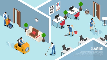 Industrial and commercial buildings interiors cleaning service isometric advertising poster with floors pressure   washing team vector illustrationのイラスト素材