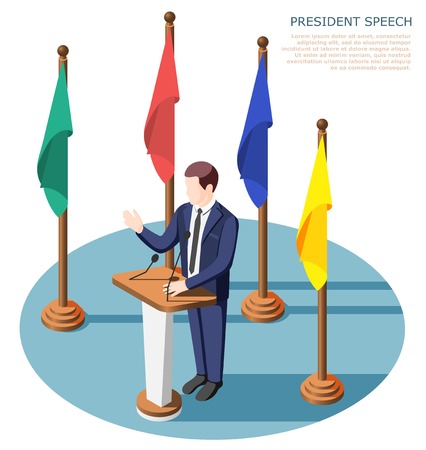 President near tribunes with microphones during public speech surrounded by colorful flags isometric composition vector illustrationのイラスト素材