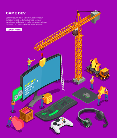 Game development isometric composition with big screen keyboard joystick for video game headphones and crane as symbol of game industry vector illustrationのイラスト素材
