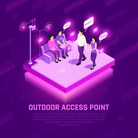 Internet access point isometric glowing composition human characters with wifi gadgets outdoors purple background vector illustrationのイラスト素材