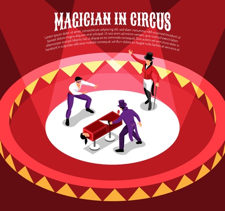 Isometric circus composition with entertainer characters performing conjuring tricks on circle arena with editable text vector illustrationのイラスト素材