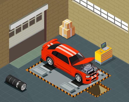 Car tuning isometric composition with automobile on lift in auto repair service interior vector illustrationのイラスト素材