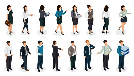Office people in business clothing in various posture with accessories isometric set isolated vector illustrationのイラスト素材