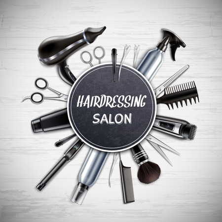 Hairdressing salon barber shop tools realistic round composition with scissors hairdryer trimmer monochrome wooden background vector illustrationのイラスト素材
