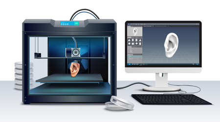 3d printing of human ear realistic composition vector illustrationのイラスト素材