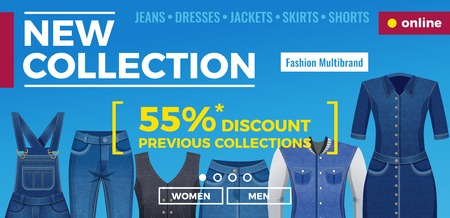 Denim clothing for men and women web banner with menu template and advertising blue background vector illustrationのイラスト素材
