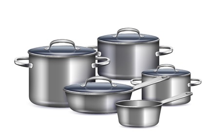 Saucepan set for cooking breakfast lunch and dinner realistic vector illustrationのイラスト素材