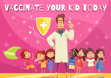 Kids vaccination benefits promotion poster with child health protection shield symbol doctor with syringe   cartoon vector illustration