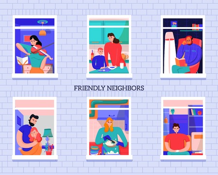 Friendly neighbors during various activity in windows of home on gray brick wall background vector  illustrationのイラスト素材
