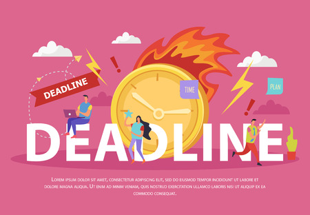 Deadline flat composition with human characters burning clock lightnings and exclamation marks on pink background vector illustrationのイラスト素材