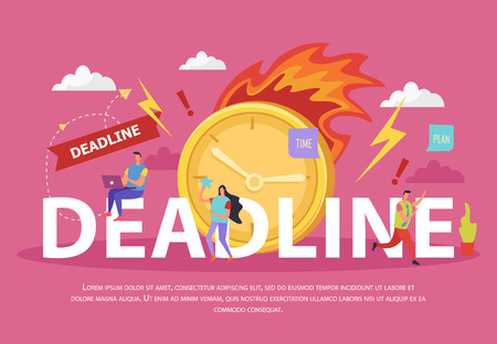 Deadline flat composition with human characters burning clock lightnings and exclamation marks on pink background vector illustration