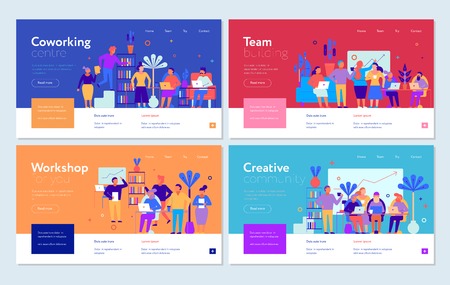 Coworking  horizontal banners set with team and workshop symbols flat isolated vector illustrationのイラスト素材