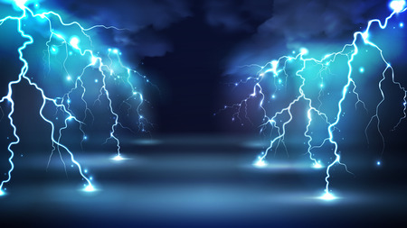 Realistic lightning bolts flashes composition with images of clouds in night sky and radiant glowing lightning strokes vector illustrationのイラスト素材