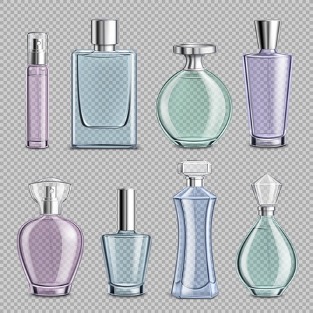Perfume glass bottles set on transparent background realistic isolated vector illustrationのイラスト素材