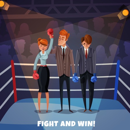Business winner loser characters women men background with boxing ring and business people fight and win vector illustrationのイラスト素材