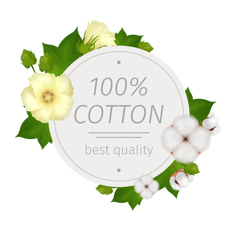 Cotton flower realistic round composition with best quality description and flowers around vector illustrationのイラスト素材
