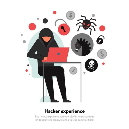 Hacker with laptop and set of icons with computer security threats on white background flat vector illustrationのイラスト素材