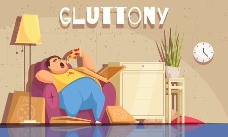 Gluttony background with obsessive eating and overweight symbols flat vector illustrationのイラスト素材