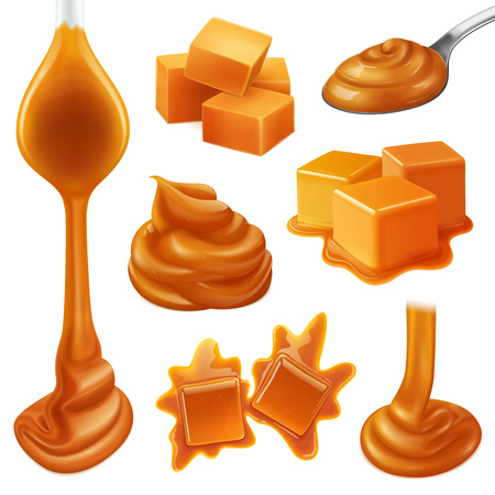 Realistic caramel candies icon set with creamy liquid and creamy drops of caramel vector illustrationのイラスト素材