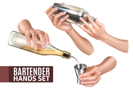 Bartender hands pouring and mixing cocktails realistic set isolated on white background vector illustrationのイラスト素材