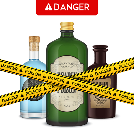 Realistic poison dangers poster with composition of three vintage style bottles and cordon tape with text vector illustrationのイラスト素材