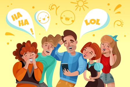 Group of people watching funny video and laughing cartoon vector illustrationのイラスト素材