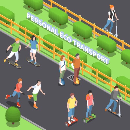 Personal eco transportation design with physical activity symbols isometric vector illustrationのイラスト素材