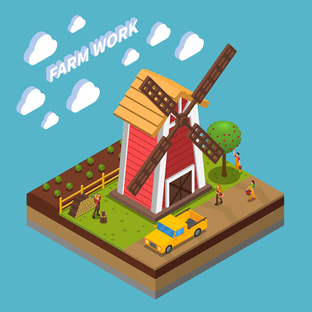 Agriculture isometric composition with growing of vegetable chopping of fire wood and harvesting blue background vector illustrationのイラスト素材