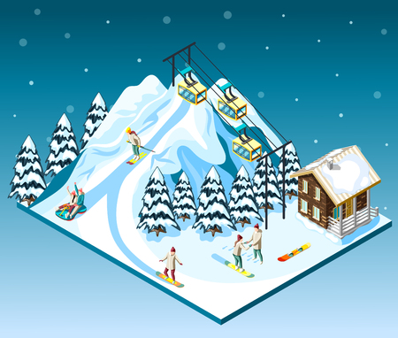 Ski resort isometric composition visitors on mountain slope house and funicular blue background with snow vector illustrationのイラスト素材