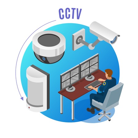 Security system cctv cameras motion sensors observation monitoring devices operator isometric composition blue round background vector illustrationのイラスト素材