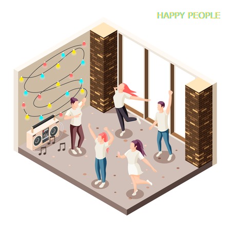 Happy young people in casual clothing dancing indoor with disco lights and speakers isometric composition vector illustrationのイラスト素材
