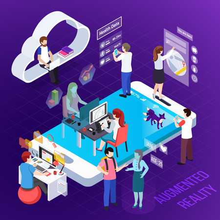 Human characters during interaction with augmented reality elements isometric composition on purple background vector illustrationのイラスト素材
