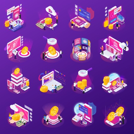 Financial technology set of isometric icons with glow on purple background isolated vector illustrationのイラスト素材