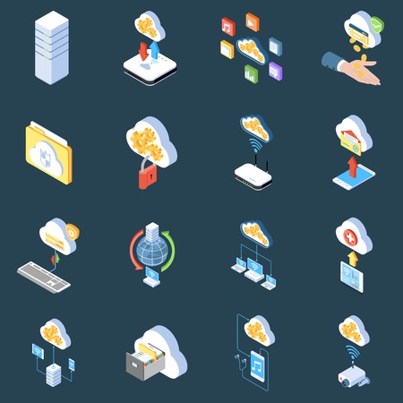 Cloud technology isometric icons of storage protection and synchronization of data on dark background isolated vector illustrationのイラスト素材
