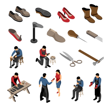 Isometric shoemaker set with various models of shoes for men and women with human characters vector illustrationのイラスト素材