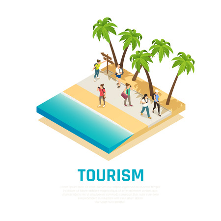 People with back packs during travel along sea shore with palm trees isometric composition vector illustrationのイラスト素材