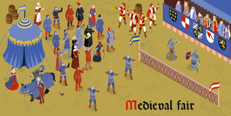 Isometric medieval horizontal composition with medieval fair headline and group of people on square vector illustrationのイラスト素材