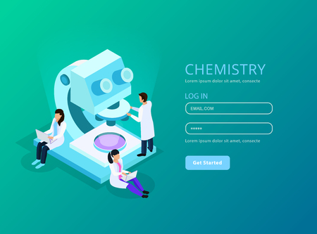 Vaccines development isometric web composition with user account and scientists during work green background vector illustrationのイラスト素材
