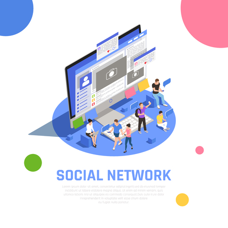 Social media network users sharing photo topics with friends communicating messaging opening applications isometric composition vector illustrationのイラスト素材