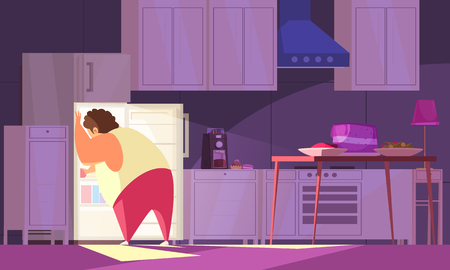 Gluttony night background with obsessive eating symbols flat vector illustrationのイラスト素材