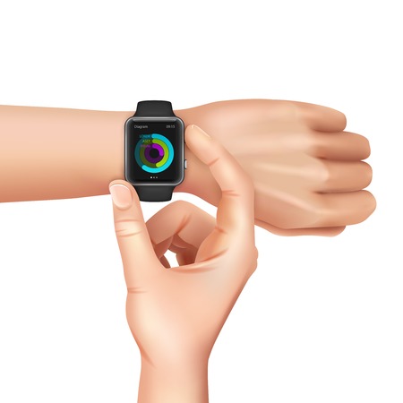 Hands with black smart watch with color scheme at screen on white background realistic vector illustrationのイラスト素材